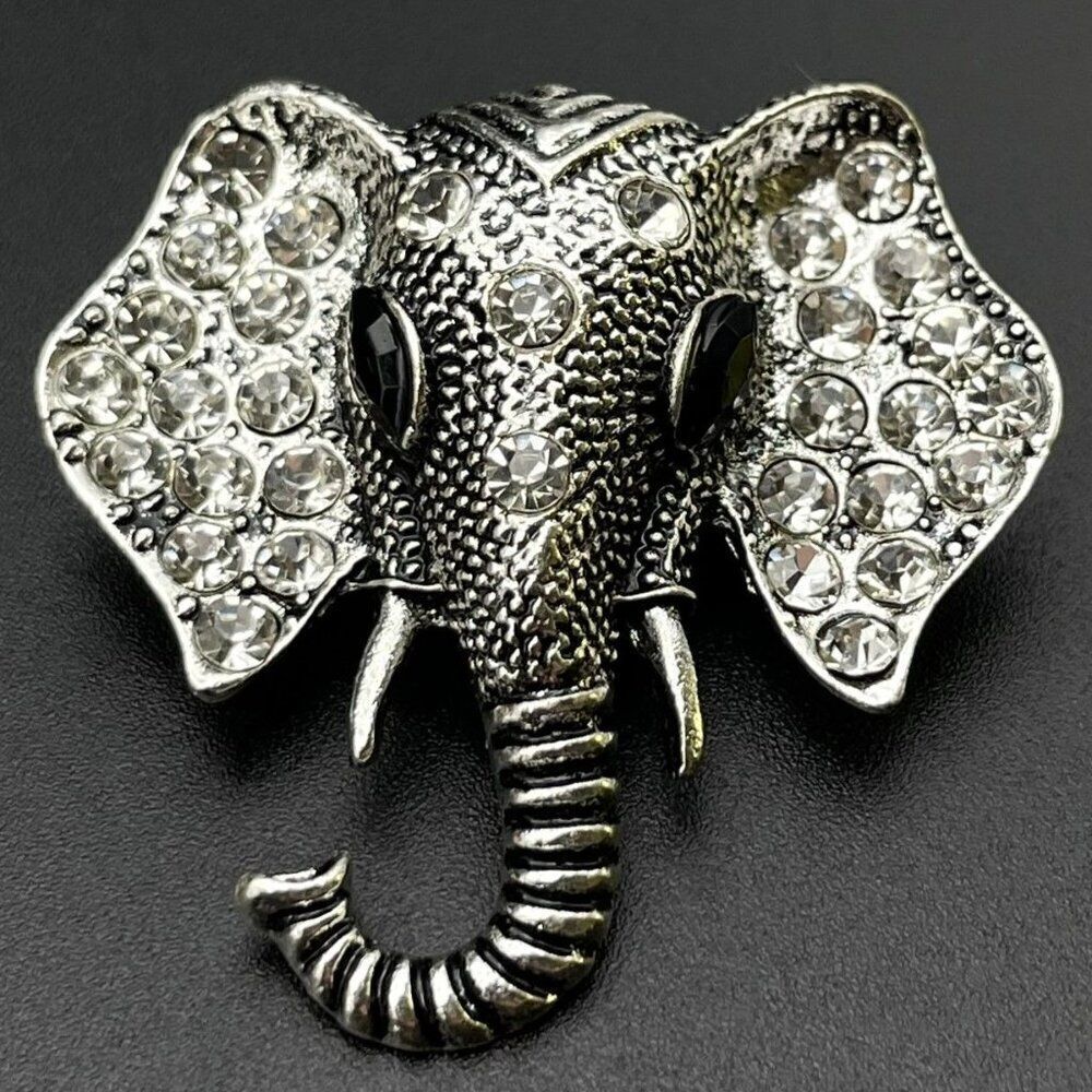 Silver with White Diamond and Black Onyx Crystal Elephant Pin Back Brooch